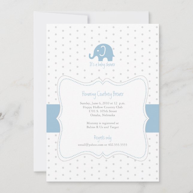 Blue Elephant Polkadot Baby Shower Invitation (Front)
