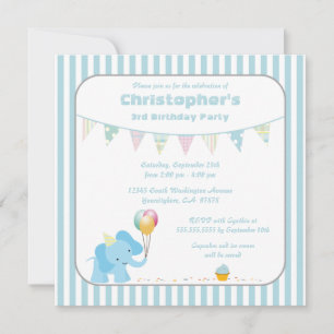 Blue elephant stripes birthday party invitation