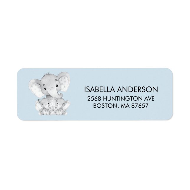 Blue Elephant Twins Baby Shower Address Label (Front)
