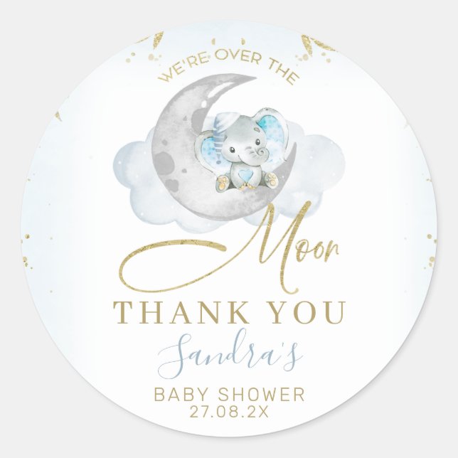 Blue Elephant We're Over The Moon Baby Shower Classic Round Sticker (Front)