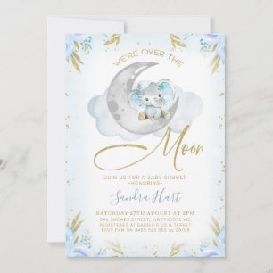 Blue Elephant We're Over The Moon Baby Shower Invitation