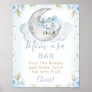 Blue Elephant We're Over The Moon Baby Shower Sign