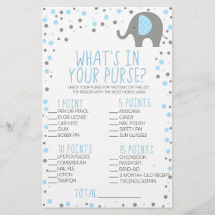 Blue Elephant What's In Purse Baby Shower Game Stationery