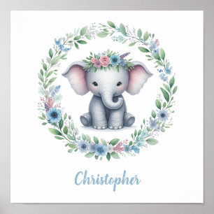 Blue Elephant with Floral Wreath Poster