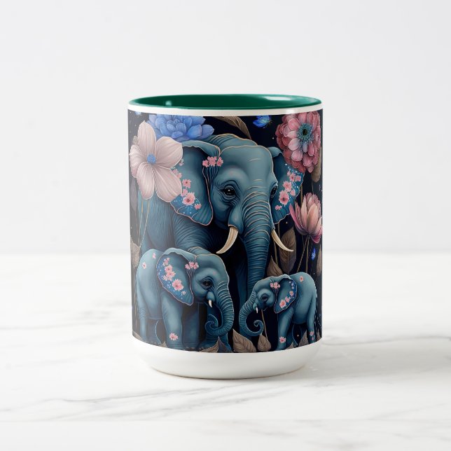 Blue Elephants and Pink Flowers Two-Tone Coffee Mug (Center)