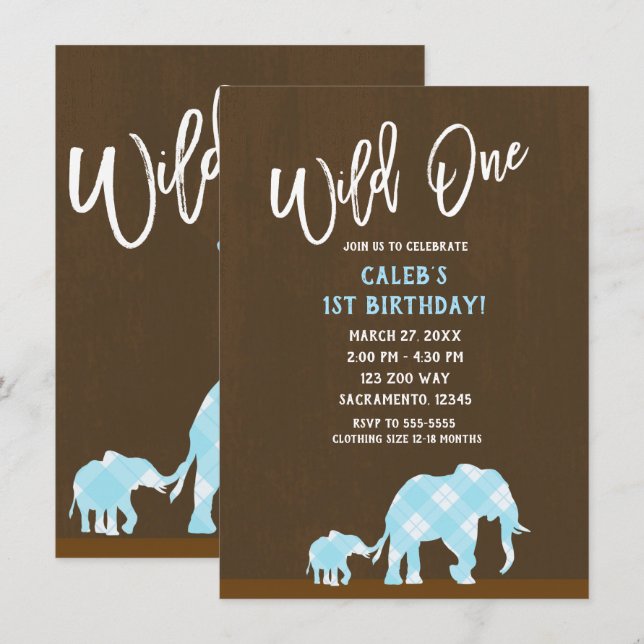 Blue Elephants Brown Modern WILD ONE 1ST Birthday Invitation (Front/Back)