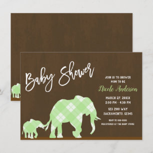 Blue Elephants Brown Trendy Modern Baby Shower Invitation