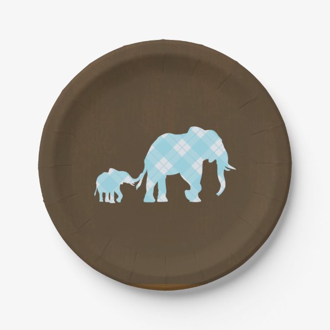 Blue Elephants Brown Trendy Modern Baby Shower Paper Plate (Front)