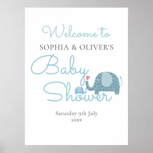 Blue Elephants Couples Baby Boy Shower Welcome Poster (Front)