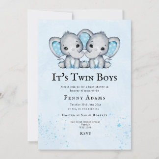 Blue Elephants Twins Baby Shower Invitation 