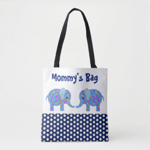 Blue Elephants with Navy Blue Polka Dots Block #3 Tote Bag