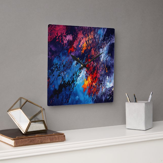 Blue Ember Blue Red Contemporary Abstract Art Square Wall Clock (Office)