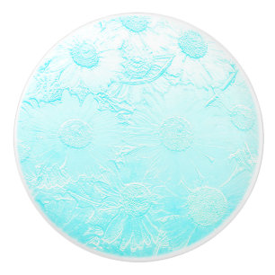 Blue embossed look daisy flower pattern blue white ceramic knob
