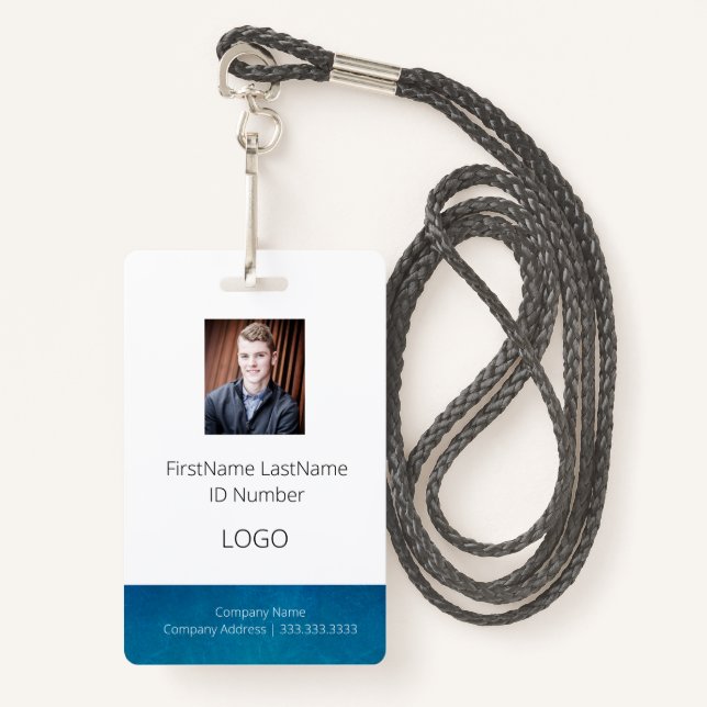 Blue Employee ID Badge with Barcode (Front with Lanyard)