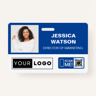 Blue Employee Name Badge with Logo and QR Code ID Badge