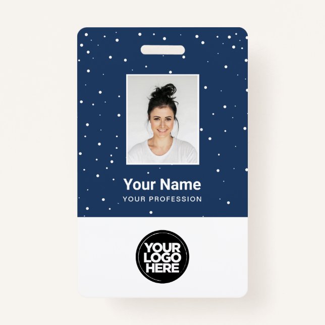 Blue Employee Photo Christmas Holiday Logo Name ID Badge (Front)
