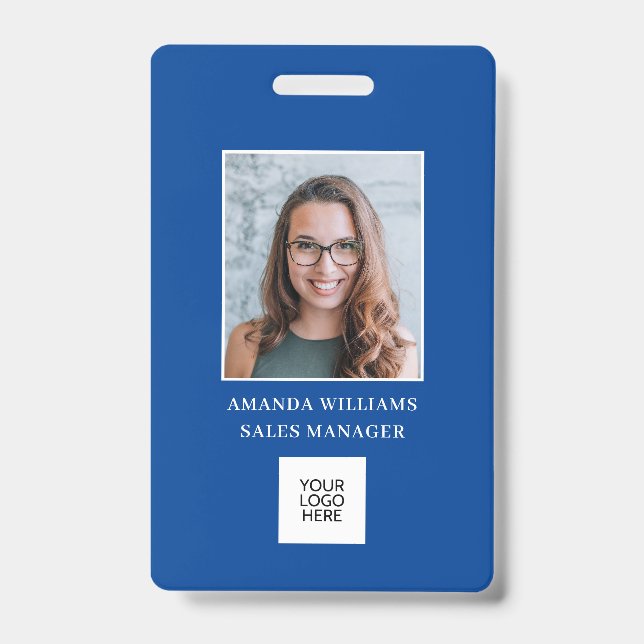 Blue Employee Photo ID Logo QR Code Badge (Front)