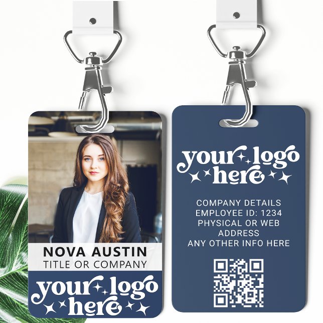 Blue Employee Photo ID With QR Code Business Logo ID Badge (Creator Uploaded)
