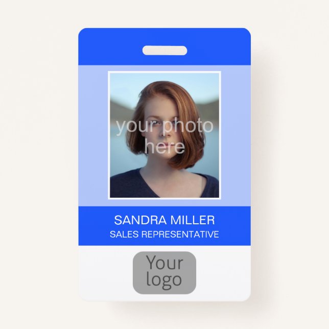 Blue, Employee Photo, Logo, Bar Code, Name, ID Badge (Front)