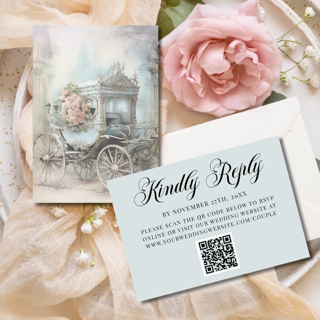 Blue Enchanted Carriage Fairytale Wedding QR Code RSVP Card (Creator Uploaded)