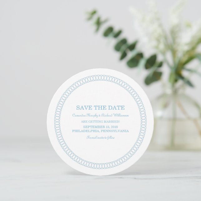 Blue Encircled Round Save the Date Invite (Standing Front)
