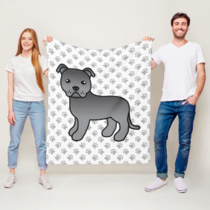 Blue English Staffie Cute Cartoon Dog & Paws Fleece Blanket
