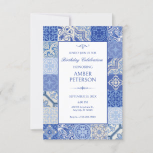 Blue Ethnic Boho Mediterranean Tiles birthday Invitation