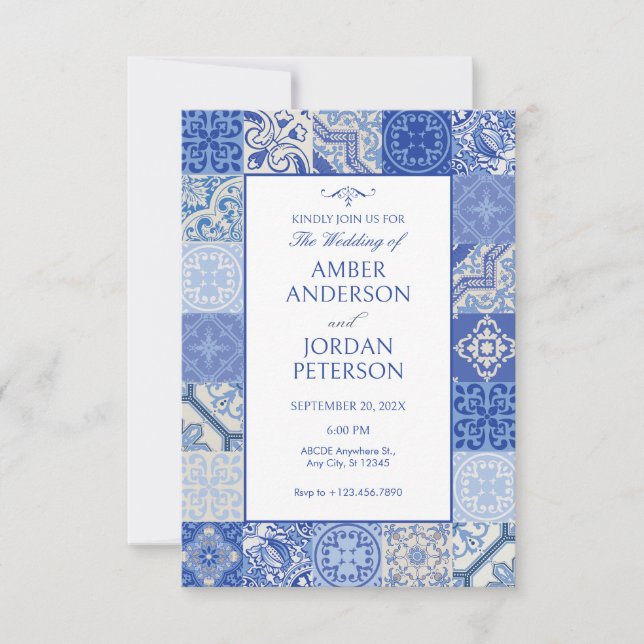 Blue Ethnic Boho Mediterranean Tiles wedding  Invitation (Front)