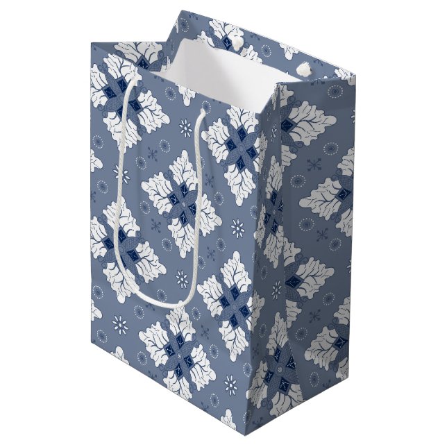 Blue ethnic damask batik seamless pattern medium gift bag (Front Angled)