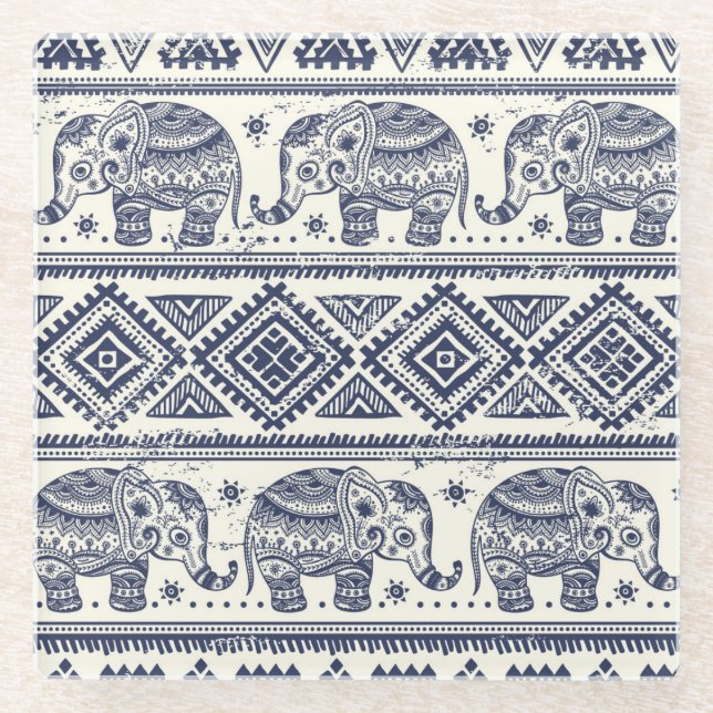 Blue Ethnic Elephant Pattern Glass Coaster (Front)
