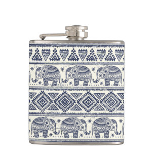 Blue Ethnic Elephant Pattern Hip Flask