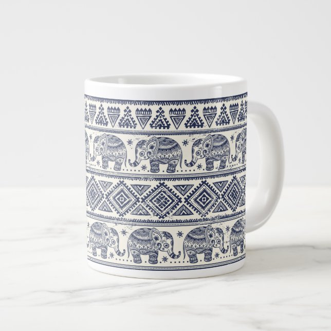 Blue Ethnic Elephant Pattern Large Coffee Mug (Front Right)