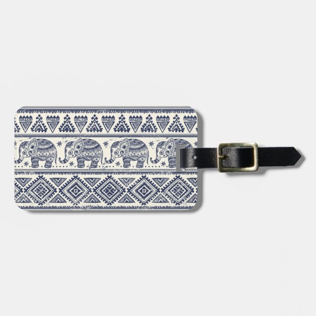 Blue Ethnic Elephant Pattern Luggage Tag (Front Horizontal)