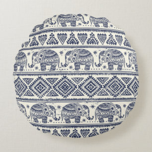 Blue Ethnic Elephant Pattern Round Cushion