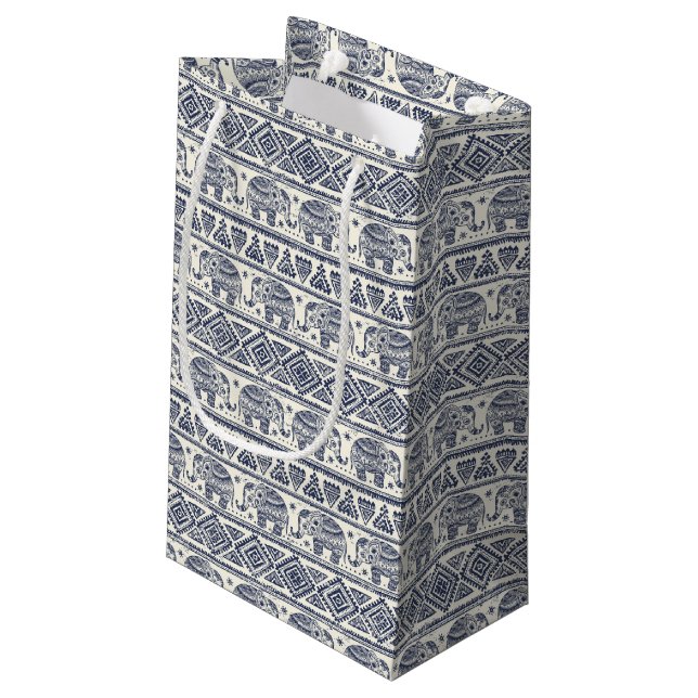 Blue Ethnic Elephant Pattern Small Gift Bag (Back Angled)