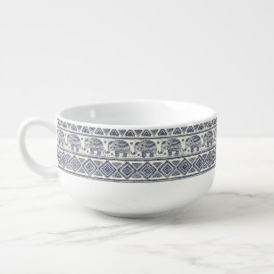 Blue Ethnic Elephant Pattern Soup Mug