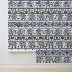 Blue Ethnic Elephant Pattern Wallpaper