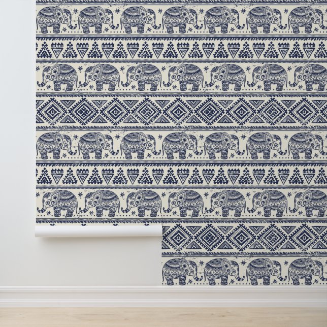 Blue Ethnic Elephant Pattern Wallpaper (Application)