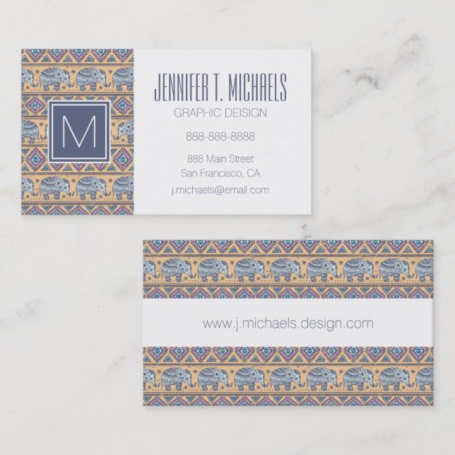 Blue Ethnic Elephant Tribal Pattern Business Card (Front/Back)