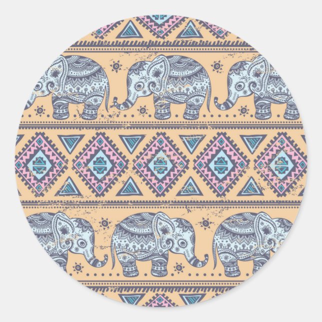 Blue Ethnic Elephant Tribal Pattern Classic Round Sticker (Front)
