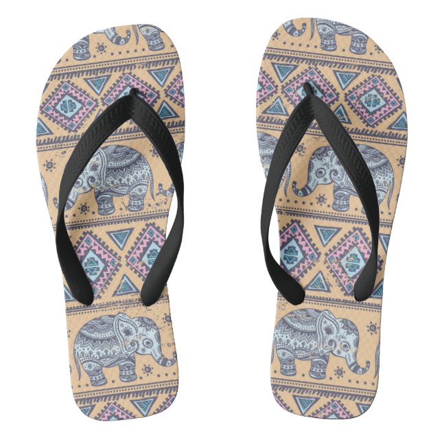 Blue Ethnic Elephant Tribal Pattern Flip Flops (Footbed)