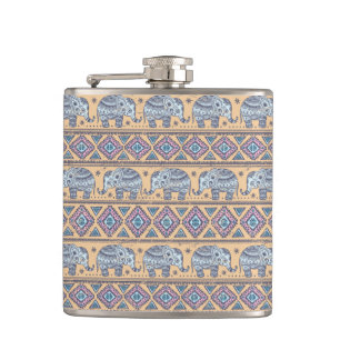 Blue Ethnic Elephant Tribal Pattern Hip Flask