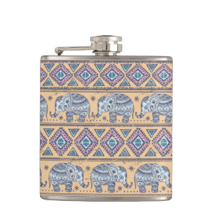 Blue Ethnic Elephant Tribal Pattern Hip Flask