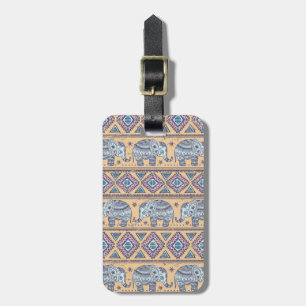 Blue Ethnic Elephant Tribal Pattern Luggage Tag