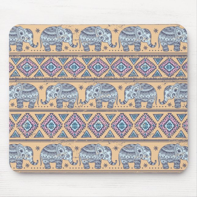 Blue Ethnic Elephant Tribal Pattern Mouse Mat (Front)
