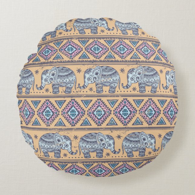 Blue Ethnic Elephant Tribal Pattern Round Cushion (Front)