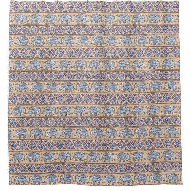 Blue Ethnic Elephant Tribal Pattern Shower Curtain (Front)