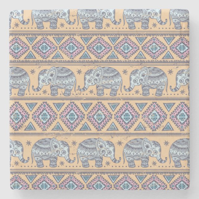 Blue Ethnic Elephant Tribal Pattern Stone Coaster (Front)