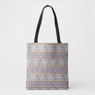 Blue Ethnic Elephant Tribal Pattern Tote Bag