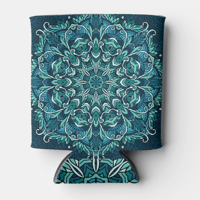 Blue ethnic mandala, intricate design. can cooler (Front)